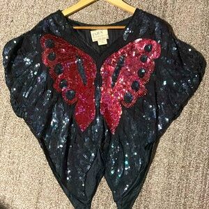 vintage Tara black silk fabric butterfly blouse with delicate beads and sequins